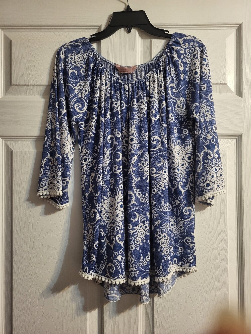 SJS Women’s Blue Printed Peasant Top with Crochet Trim